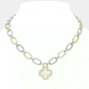 COPY - TWO TONE MOTHER OF PEARL PAVE QUATREFOIL PENDANT NECKLACE WITH TEXTURED …